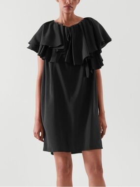 COS Size 6 Black Layered Ruffle Tie-Neck Mini Tunic Shift Dress